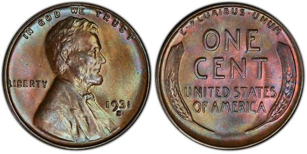 Side-by-side comparison of genuine 1931-S wheat penny versus altered counterfeit showing mintmark and date differences