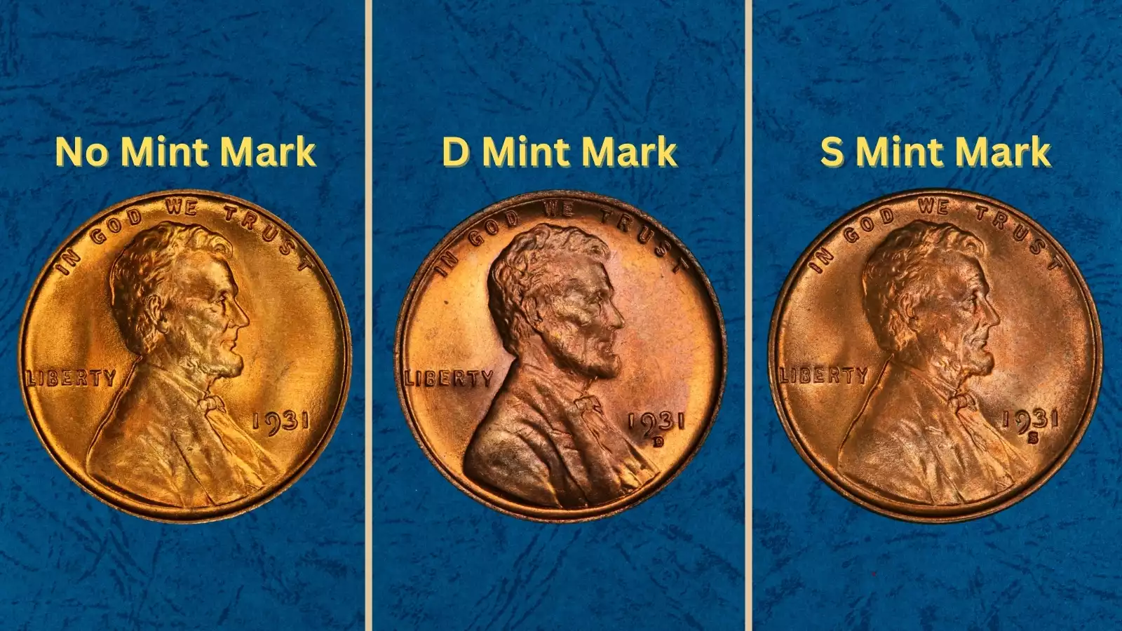 Historical San Francisco Mint or group display of 1931 wheat penny varieties showing Philadelphia, Denver, and San Francisco examples